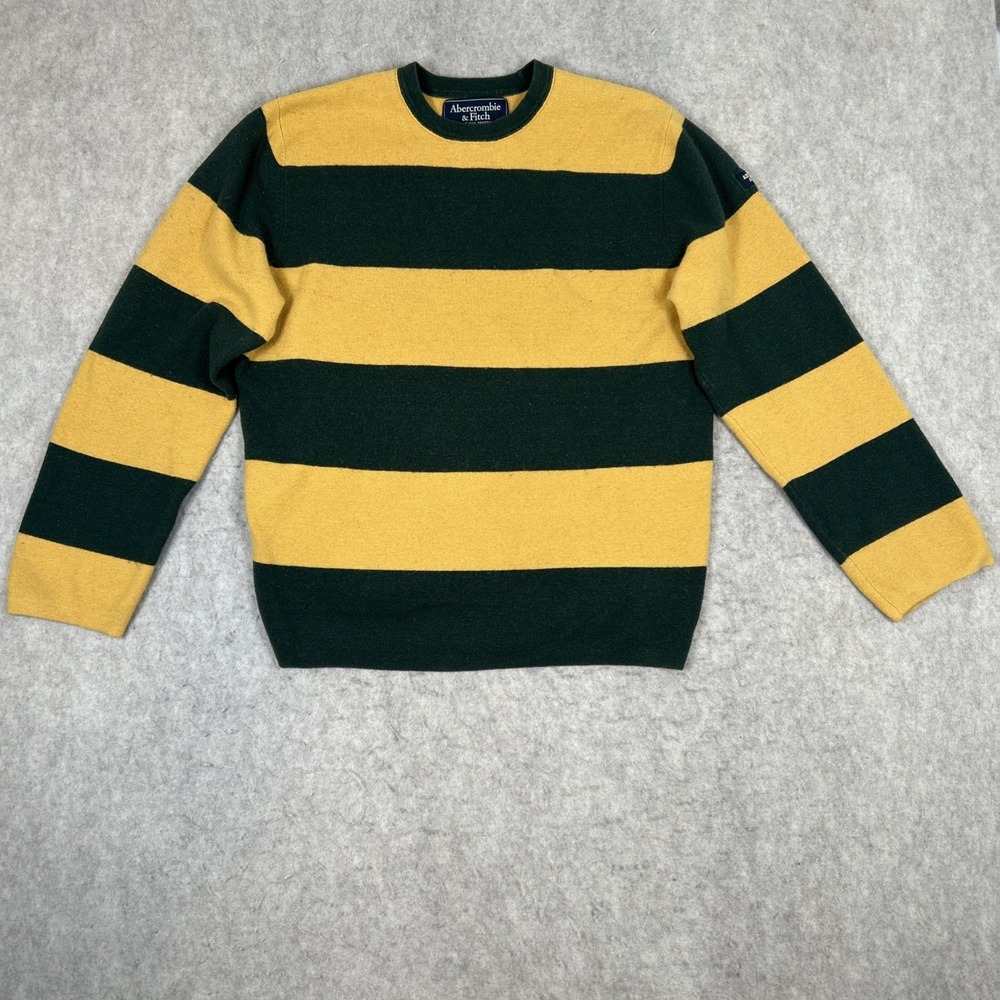 Abercrombie Fitch Sweater Mens XL Green/Yellow Striped VTG 90s Wool Blend Rugby